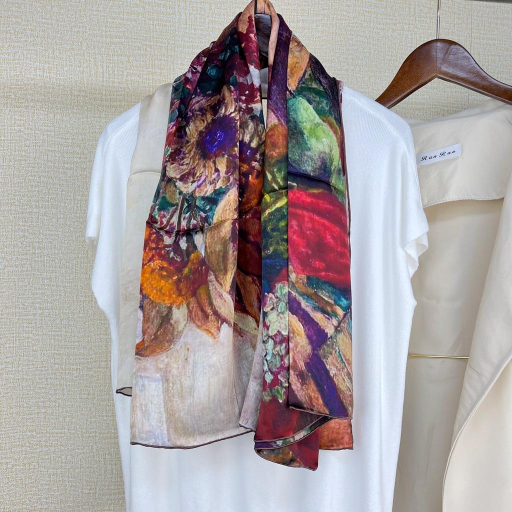 Vase Country Oil Painting Mulberry Silk Scarf Spring Autumn Summer Silk Scarf Sunscreen Shawl Women'S Silk Square Scarf