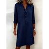Women's V Neck Ruffle Front Three Quarter Sleeve Loose Solid Linen Blend Midi Shirt Dress