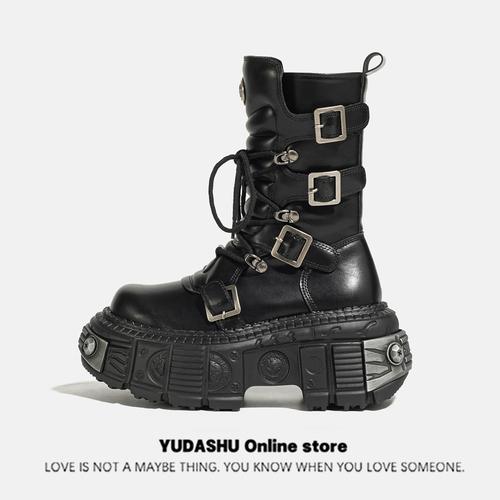 

Металлическая платформа, средняя труба, 2025, новый темный панк, увеличенная шнуровка, женская молния, мотоциклетные ботинки для девушек, женские 40 чёрный