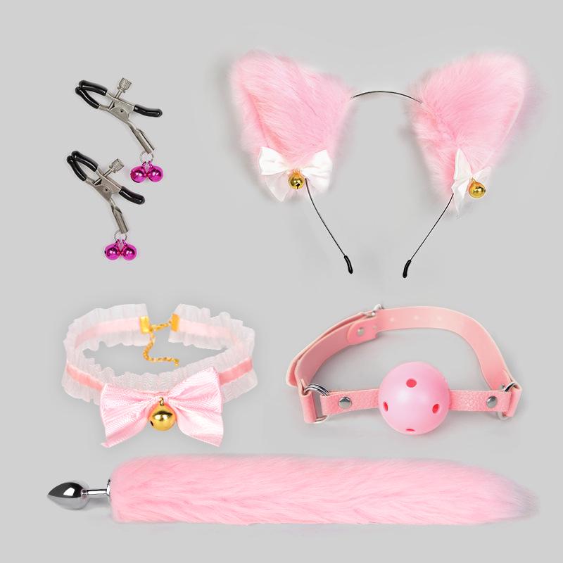 Bondage Katzenanzug mit Schwanz Analplug, Halsband & Knebel