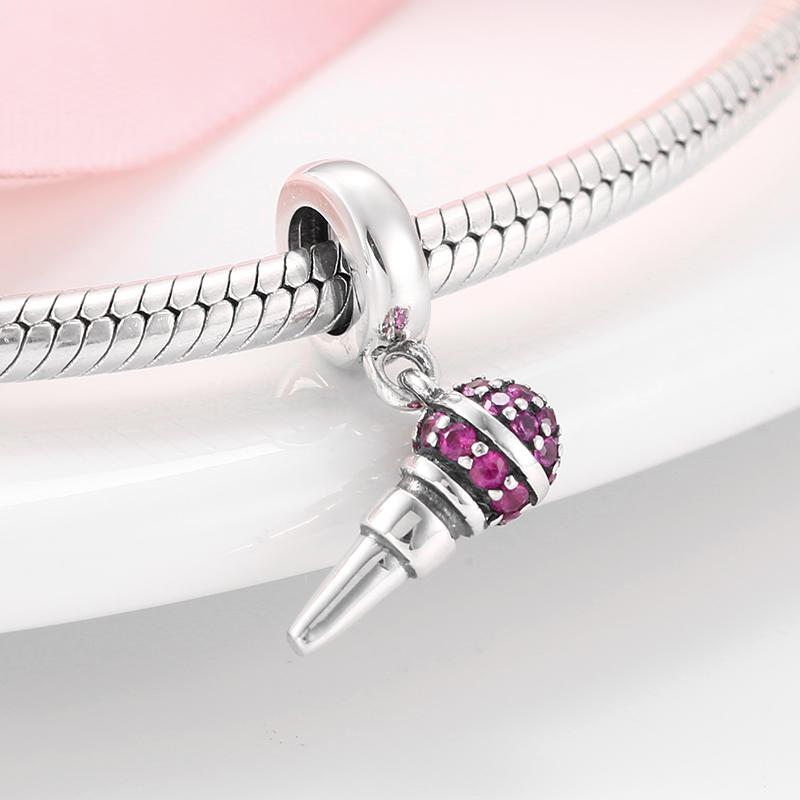 925 Sterling Silver Microphone Shape Flamingo Pink CZ Beads Fit Original Designer Charms Bracelet Bangles DIY Jewelry Making