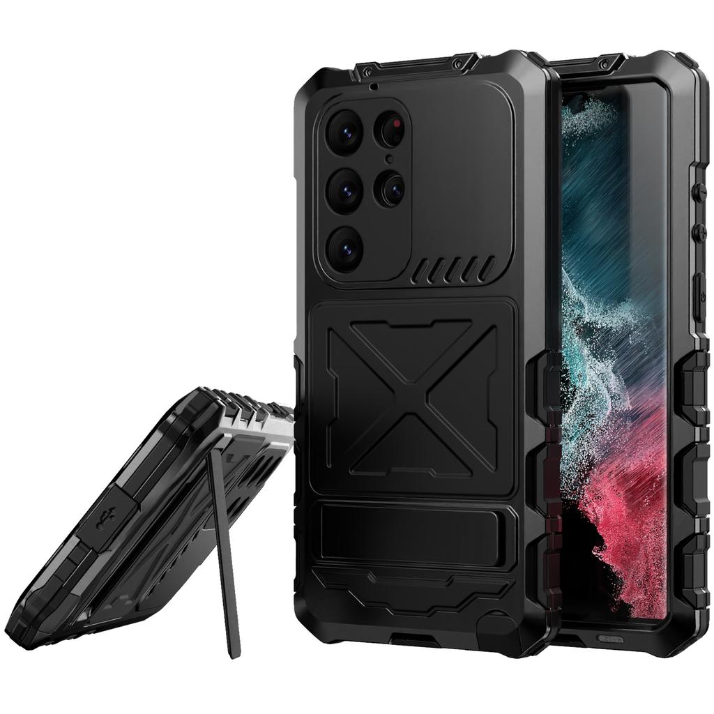 Für Samsung S24 S23 Ultra Robuster Legierungsstoßfänger Metallgehäuse Militärisch Stoßfest Silikon-Rückabdeckung mit Displayschutz