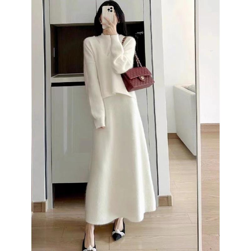 Autumn and winter two-piece suit versatile and thin dress age-reducing knitted cardigan medium and long skirt sweater women