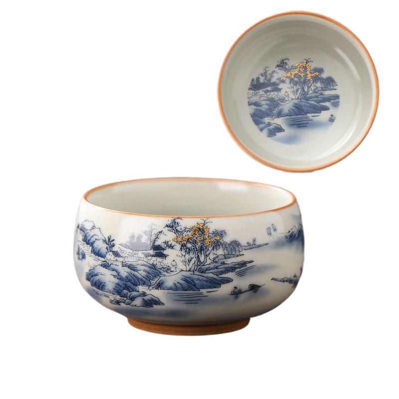 1pc  Beige Ru Kiln Master Cup Single Cup Ceramic Household Kung Fu Tea Cup Retro Blue and White Cup  Master's Cup Tea Set