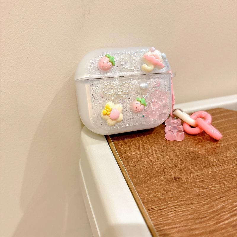 Love Strawberry Pearl Apple Bluetooth Headset Cover For Airpods 4 Glitter Pendant Airpods Pro Women
