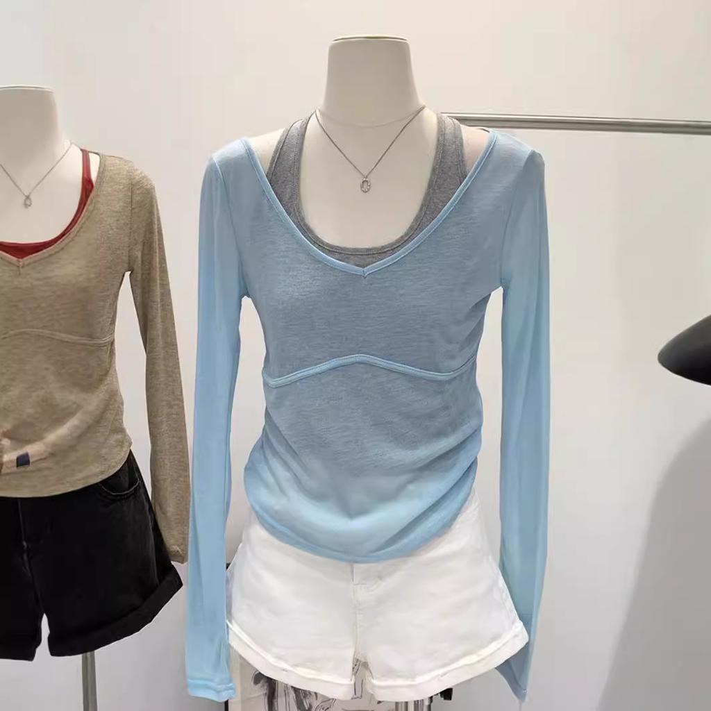 Reines Desire-Stil-Design Nackenweste + mikrotransparenter Kragen Sonnenschutzbluse T-Shirt Damen Frühling und Sommer neues zweiteiliges Paket