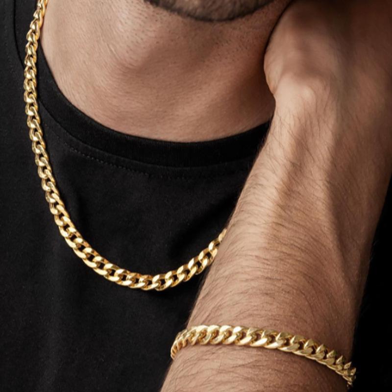 2pcs Street Hip Hop Silver Color Stainless Steel Cuban Chain Necklace Bracelet Set for Men Chunky Chain Set Male Punk Jewelry