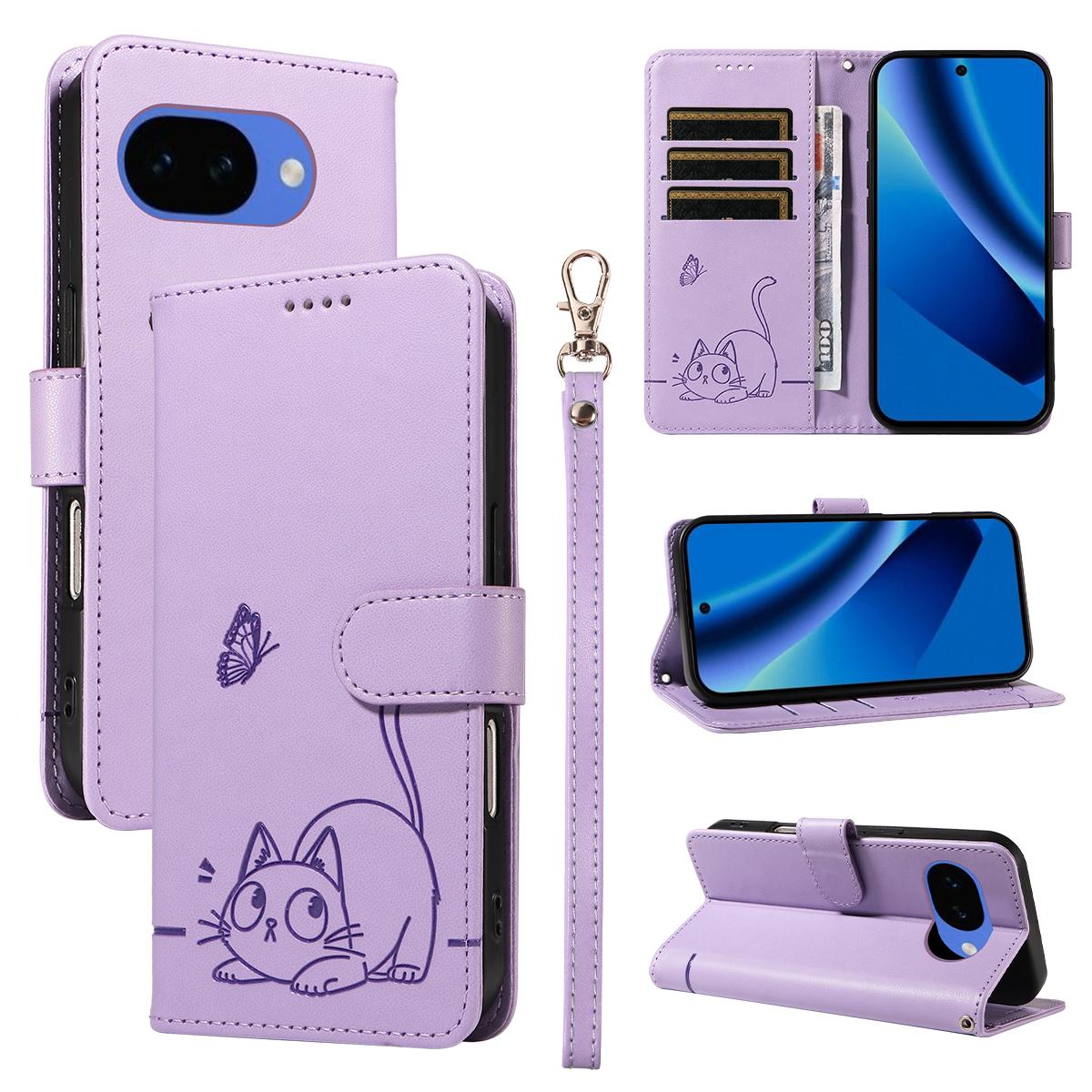 

For Google Pixel 10a Case Cat Pattern Imprint Leather Phone Cover with Wrist Strap