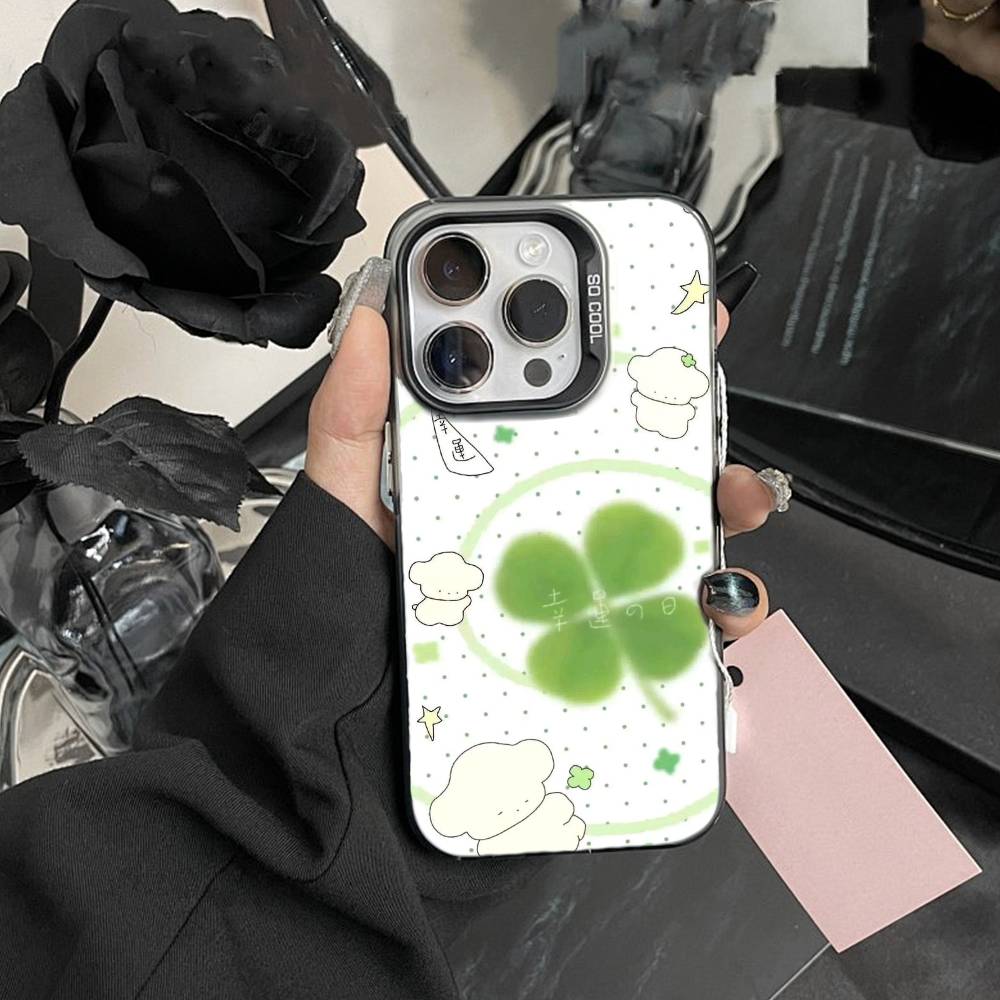 2026-Чехол для телефона с четырехлистником для iPhone 17, 16, 15, 14, 13, 12, Pro MAX Черный Матовый Ударопрочный Чехол iPhone13PRO