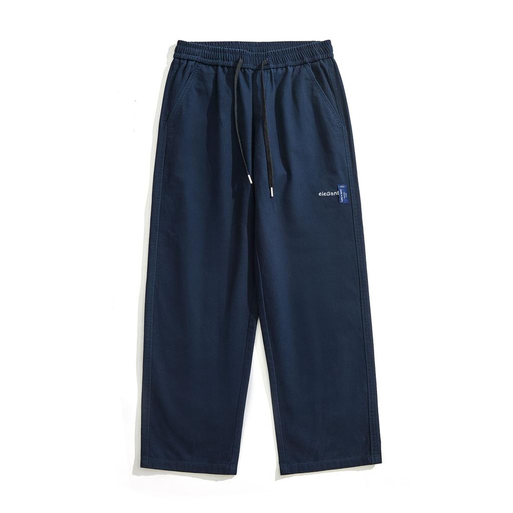 Solid color simple and versatile pure cotton casual pants men's new trendy brand loose straight elastic waist long pants men