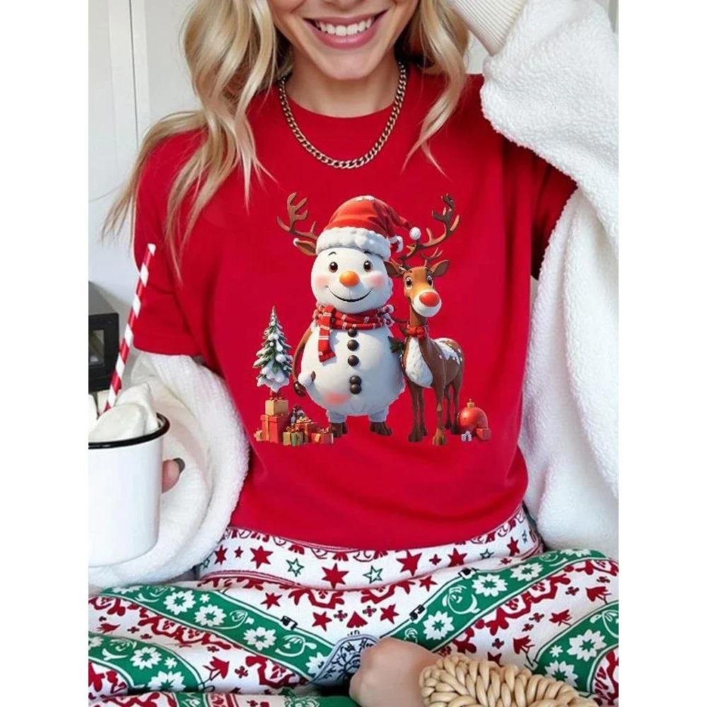 Christmas Women Casual T Shirt Cartoon Snowman Reindeer Christmas Tree Print Female Short Sleeve T-Shirt Suitable for All Season