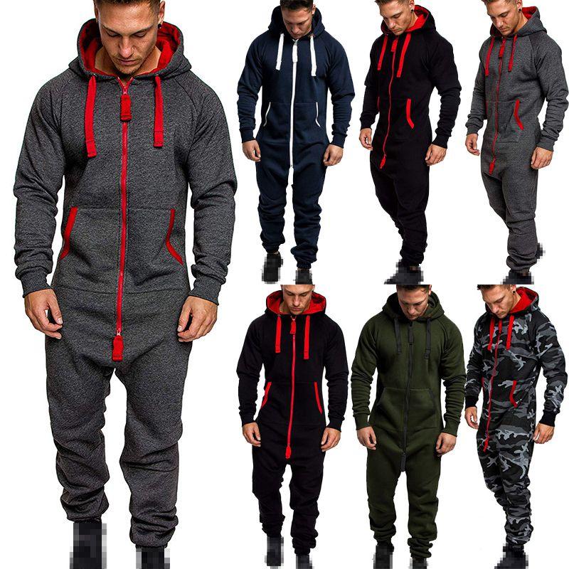 Hooded Men's Long Sleeve Camouflage Onesie Jumpsuit For Casual Wear**