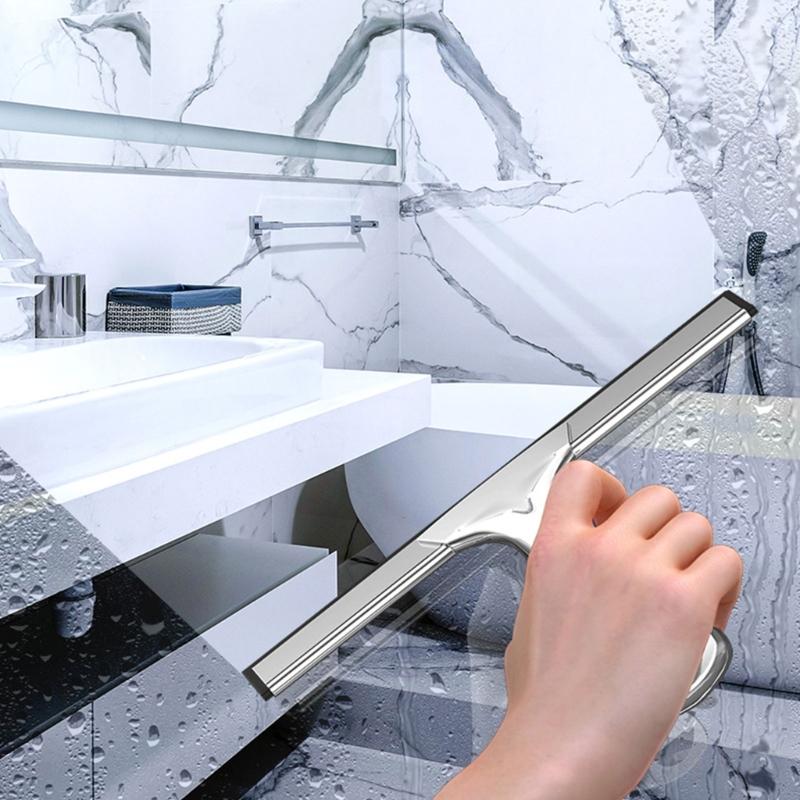 10” Shower Squeegee for Shower Glass Door Bathroom Window Car Glass Stainless Steel Scraper Wiper with 2 Hooks Household