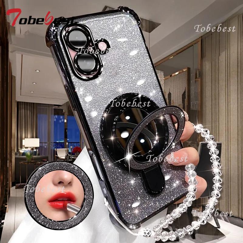 For iPhone 16 16E 15 14 13 12 11 Pro XS Max X XR Case Glitter Plating Makeup Mirror Magnetic Phone Holder Bracelet Cover
