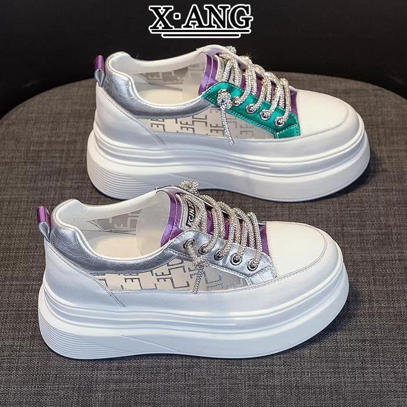 Small Inner Height Increase Women's Shoes Summer New Mesh Breathable Thick-soled Leather White Shoes Casual Sports