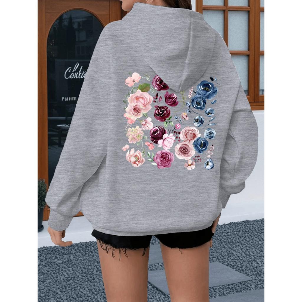 Watercolor Rose Print Women Hoody Vintage Loose Bohemia Wildflower Sweatshirt Long Sleeve Boho Plant Theme Female Hoodies