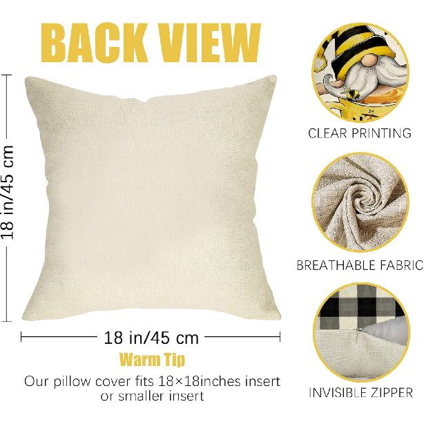 Fahrendom Spring Summer Yellow Bumble Bee Happy Gnome Decorative Throw Pillow Cover 18x18 Set of 4, Fall Black Buffalo Plaid Honey Themed Home