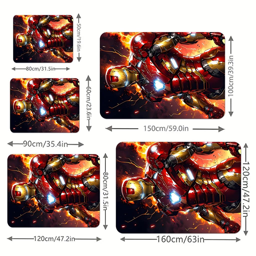 A Printed Floor Mat Featuring Iron 'S Armor with Flame Effects, Suitable for Living Rooms, Bedrooms, And Game Rooms. It Can Be