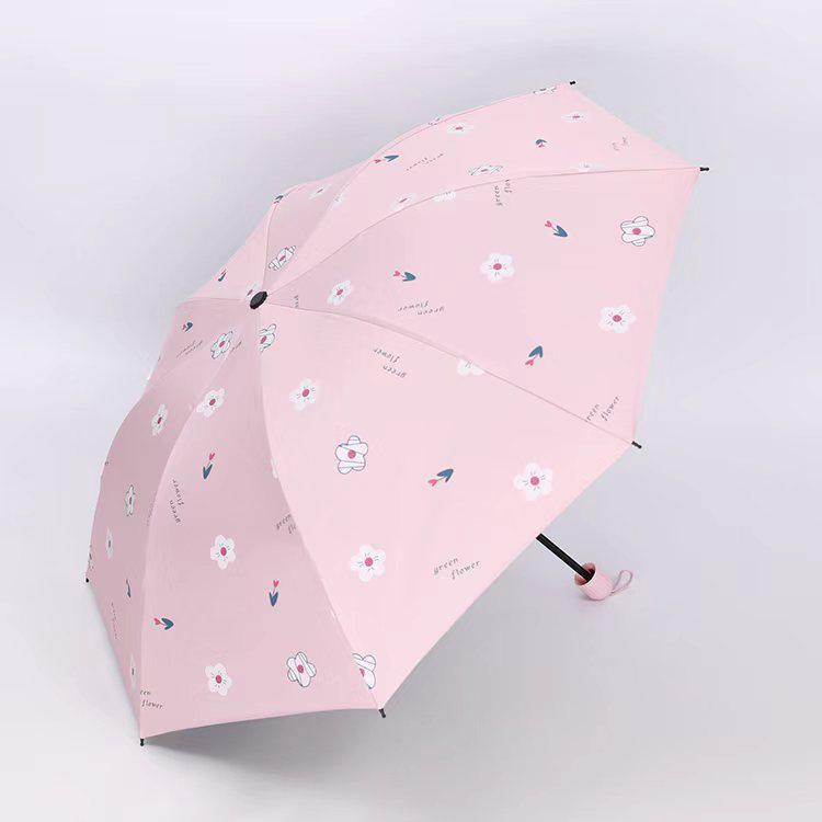 Compact Black Vinyl Folding Umbrella for Female Students - Sun & Rain Protection, Small Fresh Style.