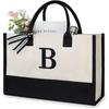 A-Z Letter Canvas Tote Bag Women Large Capacity Shoulder Handbag Contrast Color Thick Fabric Reusable Shopping Bag