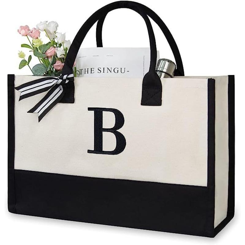 A-Z Letter Canvas Tote Bag Women Large Capacity Shoulder Handbag Contrast Color Thick Fabric Reusable Shopping Bag