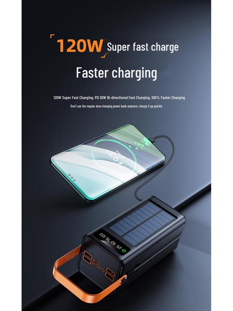 Large-Capacity 120W Solar Power Bank with 100,000mAh and Built-in Fast Charging Cable for Outdoor Use