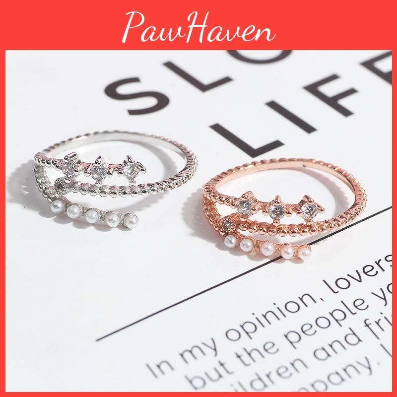 Elegant Three Row Pearl And Zircon Ring With Adjustable Open Design For Women