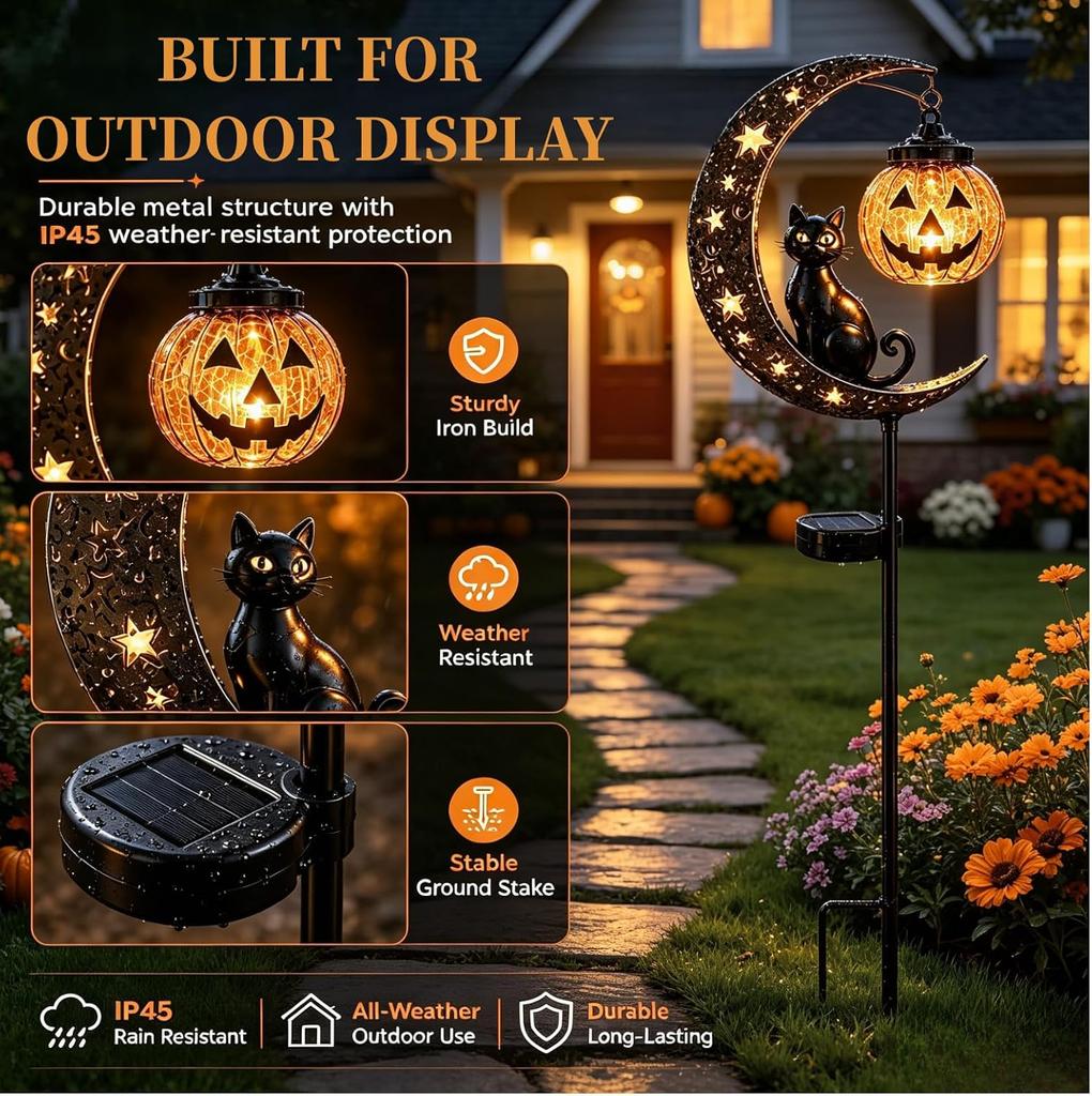Solar Halloween Black Cat On Crescent Moon Garden Stake Light with Hanging Pumpkin Lantern Waterproof Solar Powered Outdoor Halloween Yard Decor Path