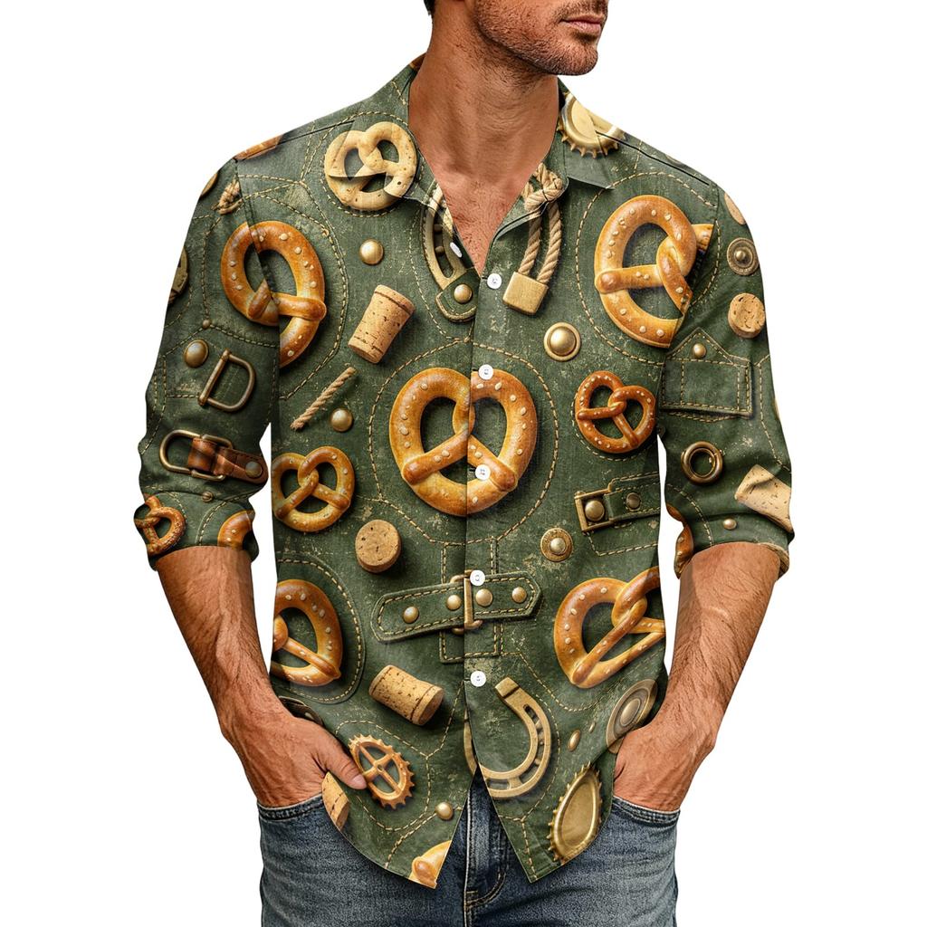 Men Loose Fit Lapel Collar Long Sleeve Shirt Vintage Style Casual Button Down Top with Graphic Print for Daily Wear and Outdoor Activities