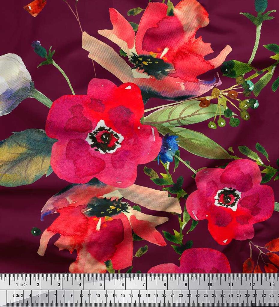 Soimoi Japan Crepe Satin Fabric Leaves & Poppy Flower Print Sewing Fabric Metre 42 Inch