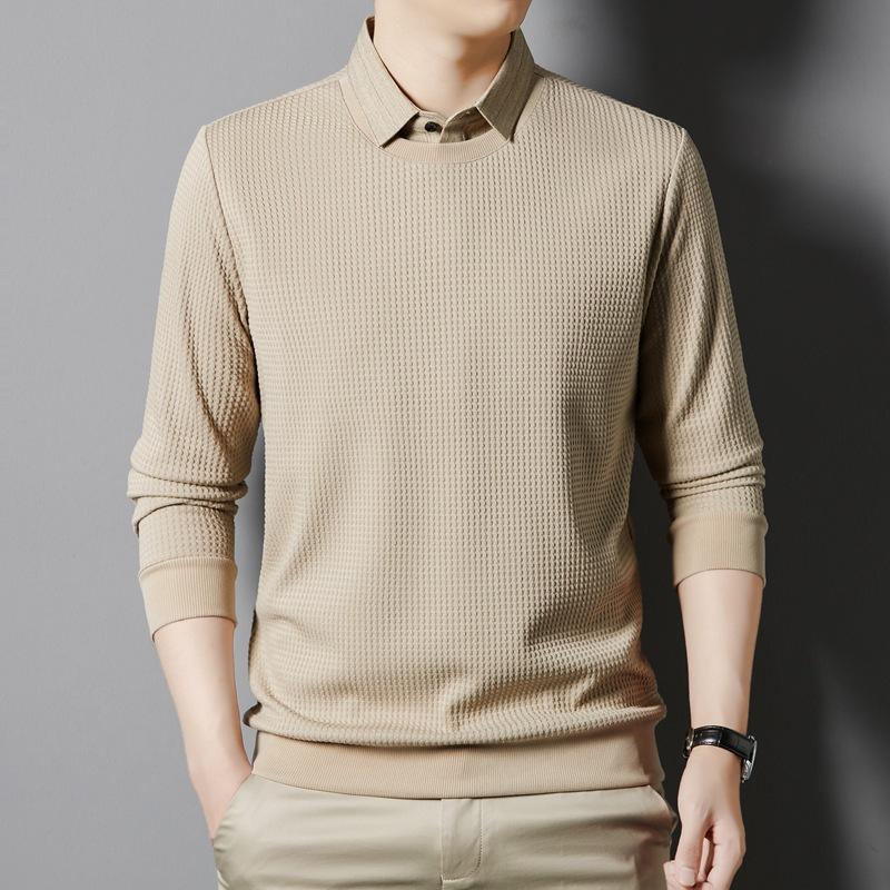 Fake Two-Piece Long-Sleeved Sweater Men's Undershirt New Knitwear Top Autumn and Winter Thickening Sweater