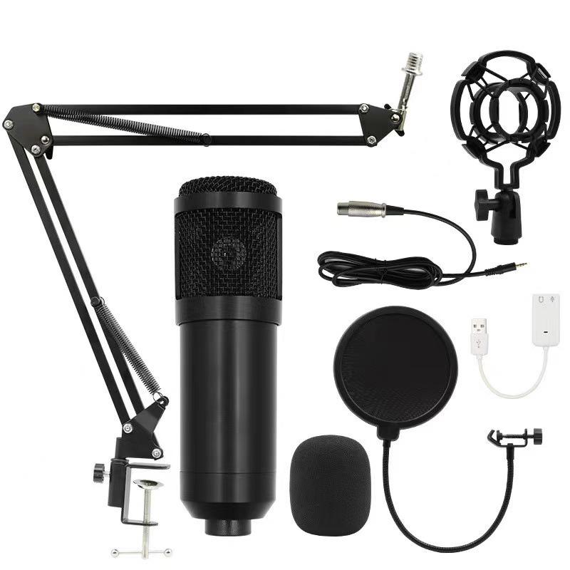 BM800 Condenser Microphone Set with V8 Sound Card, Boom Arm, and USB for Live Streaming and Mobile Use.