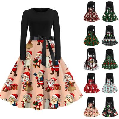 Christmas Print Flare Dress For Women Long Sleeve Dress Hollow Party Casual Dresses