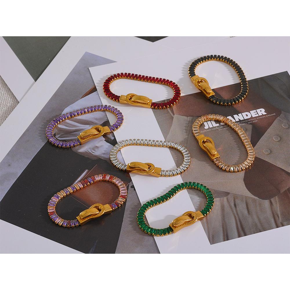 Yhpup Luxury Colorful Cubic Zirconia Stainless Steel Belt Buckle Bracelet Bangle Bling Stylish Unique Waterproof Fashion Jewelry