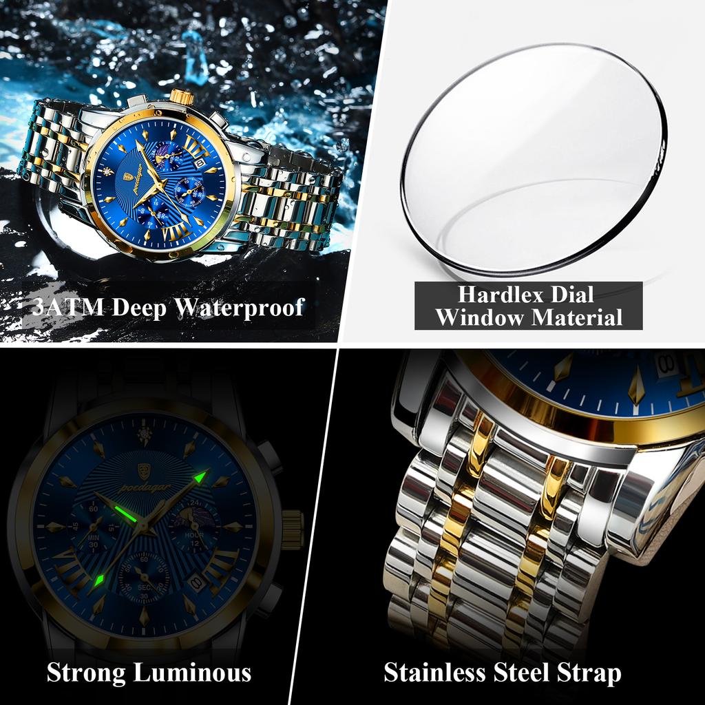 Luxusní pánské náramkové hodinky Vodotěsné luminiscenční hodinky s chronografem pro muže Nerezové pánské Quartz hodinky