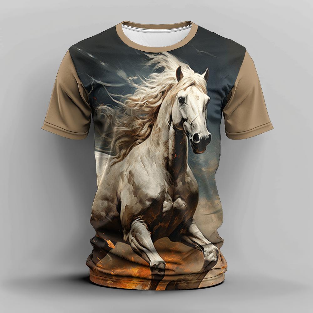 Summer Men's T Shirt 3d Horse Print Casual Crew Neck Short Sleeve Tee Oversized Clothing Animal T-Shirts Fashion Streetwear Race