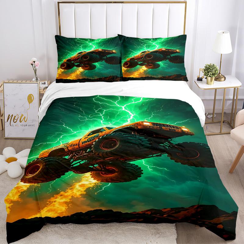 3pcs Vivid Adventure Monster Truck Lightning Thunder Home Bedding Set-Universal Three-Piece Suit for Bedroom, Guest Room, Living Room, Hotel