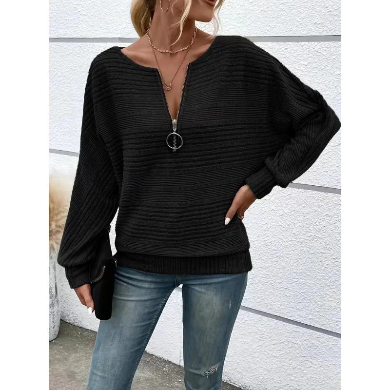 

2025 Новый осенне-зимний женский повседневный однотонный пуловер с длинным рукавом и молнией, топ-футболка для женщин S чёрный