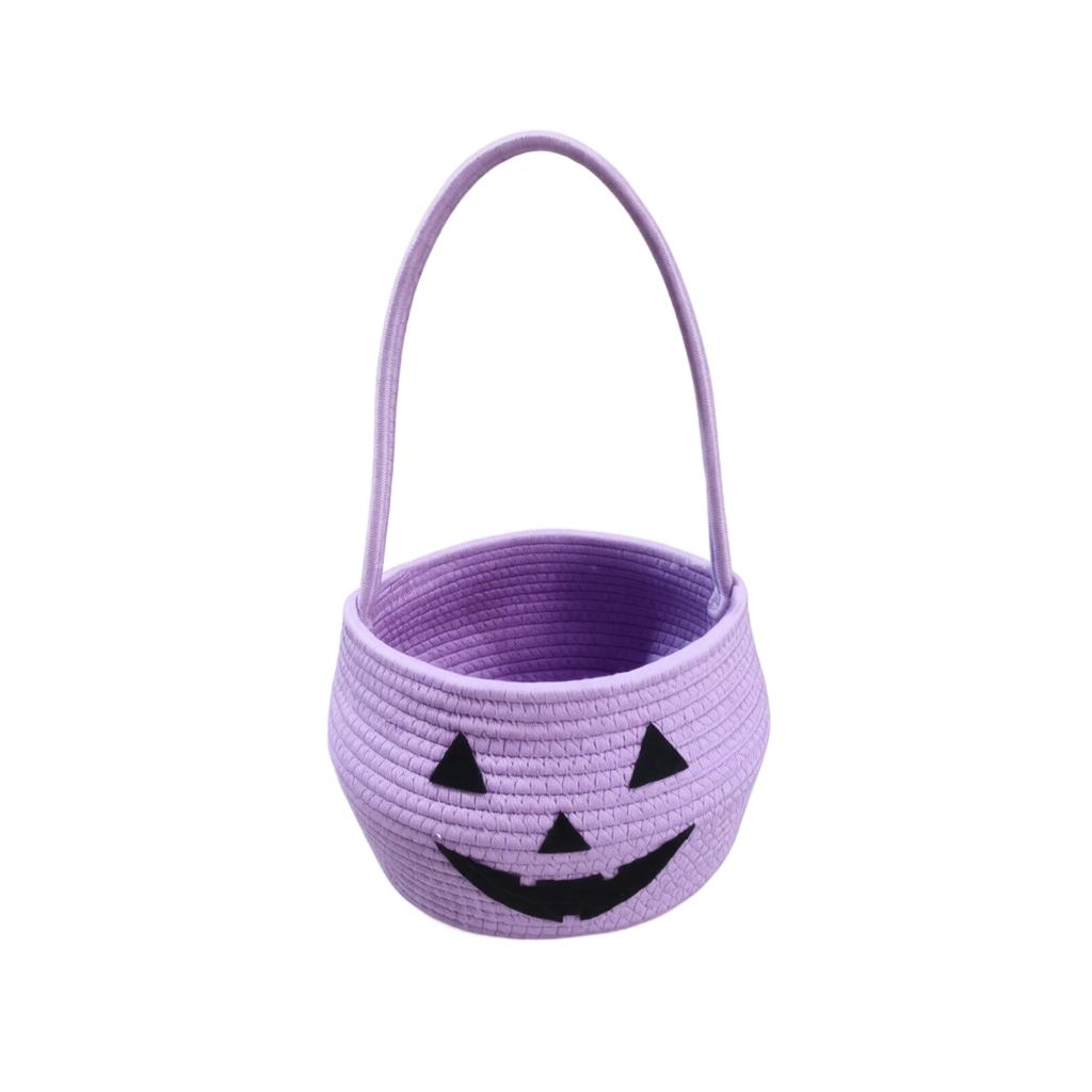 Handwoven Cotton Rope Basket with Handle Halloween Pumpkin Design Storage Organizer Container for Home Office Use Durable and Lightweight