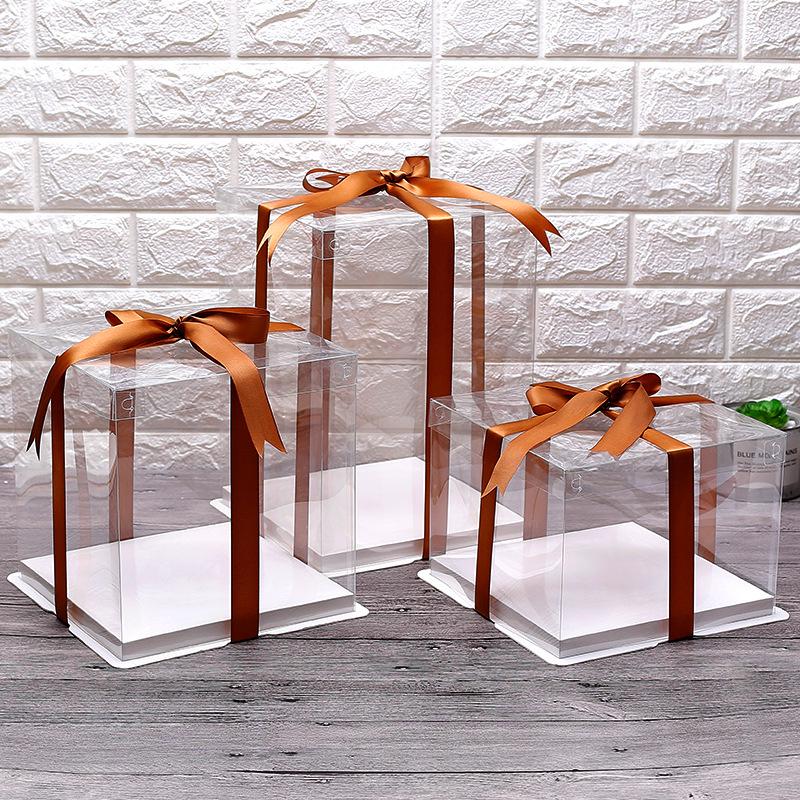 Exquisite Transparent Square Cake Box with Heightened Lid for Birthdays & Gifts - Fluid Bear Design