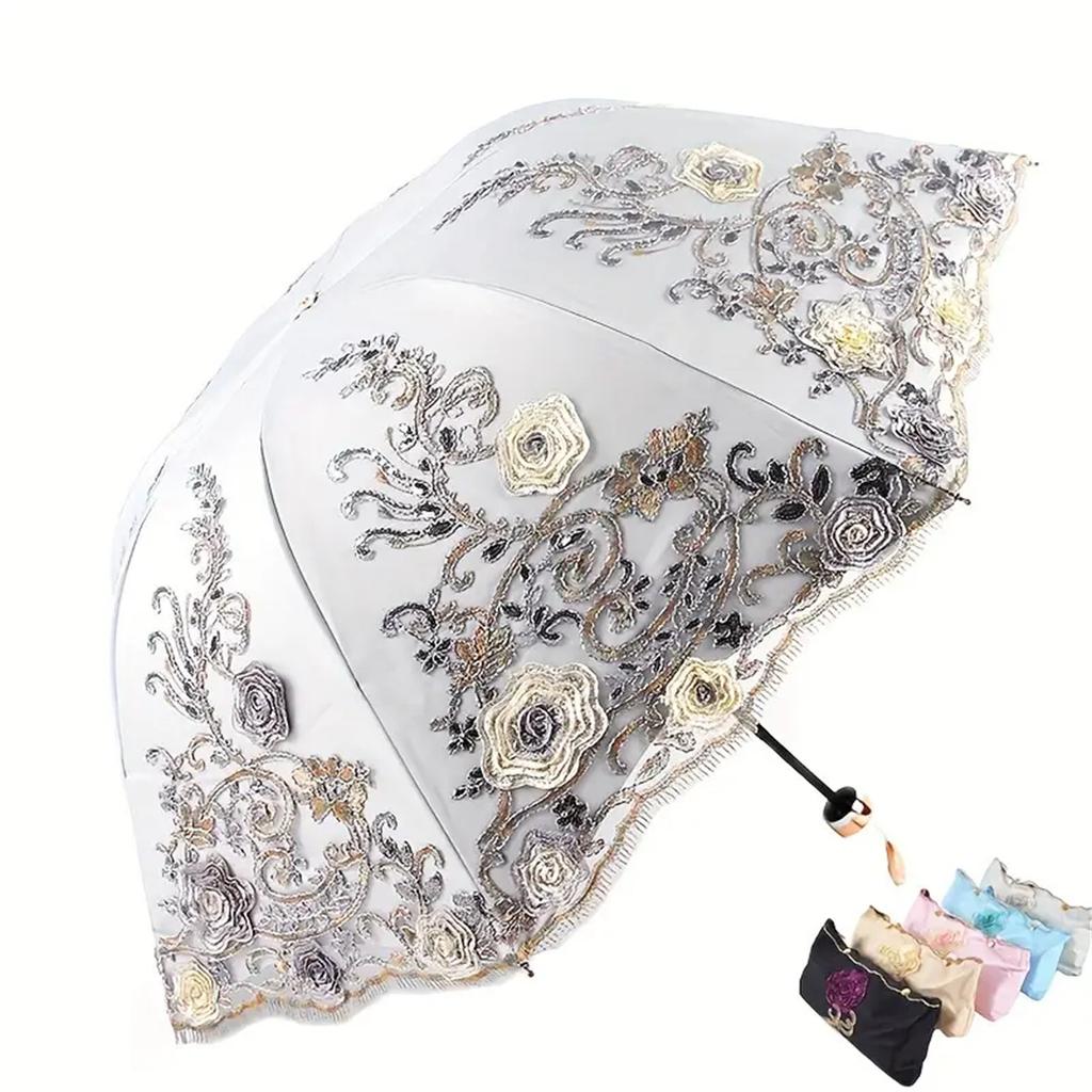 Premium 1pcs Lace Embroidery Parasol Anti-UV Folding Umbrella UPF50+ Vintage Flower Embroidery Umbrella Princess Umbrella Gift Umbrella