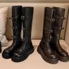 Cowhide 6cm Thick-soled But Knee Boots Women's Autumn and Winter Belt Buckle Thin Boots Western Knight Boots