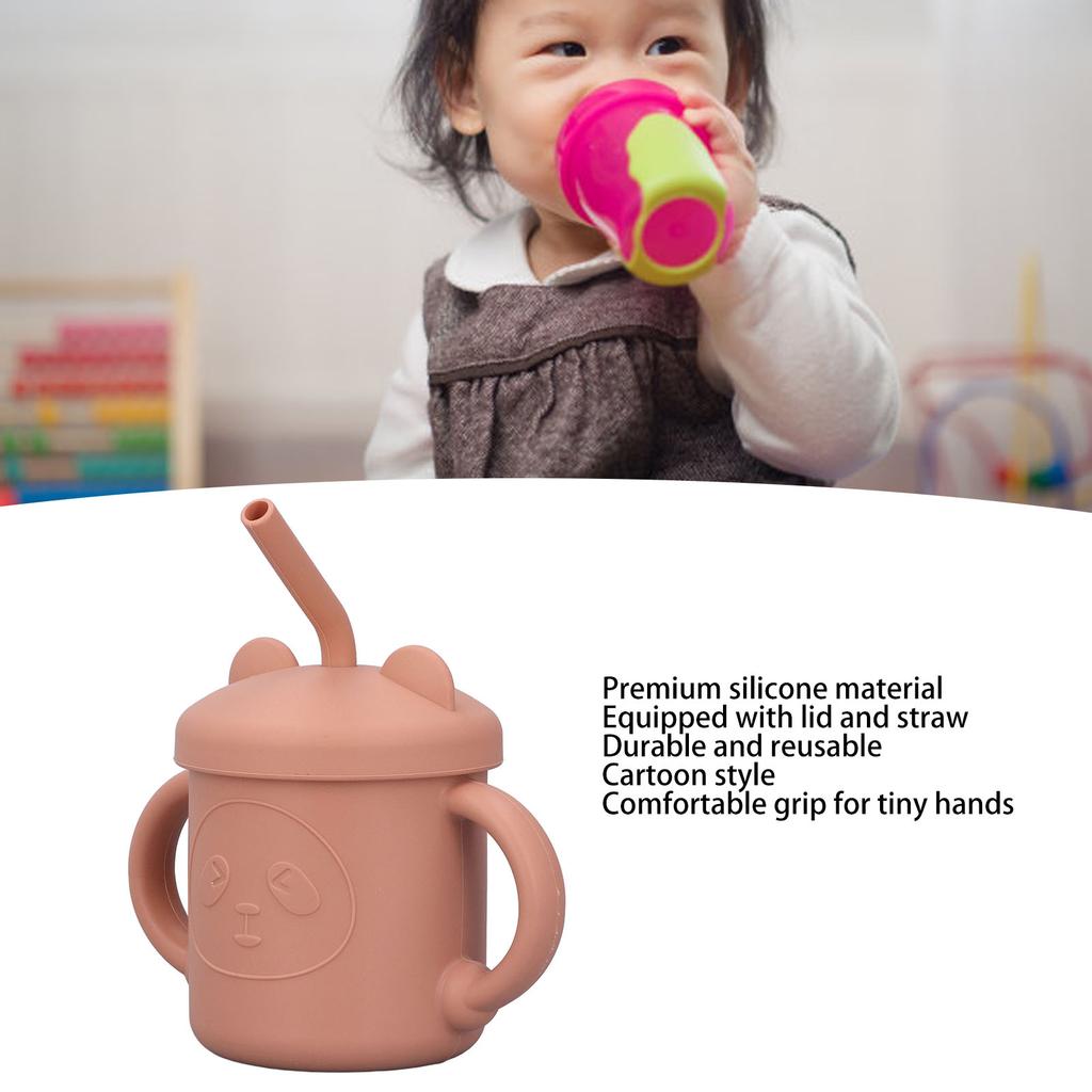 Silicone Baby Cup Drinking Training Two Handles Lid Straw Cartoon Style Food Grade Durable Silicone Toddler Straw CupsOrange