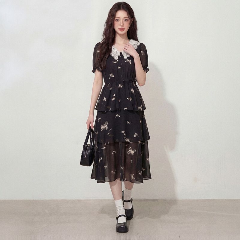 

Plus-Size Women s Korean-Style V-Neck Lace Print Waist-Cinching Dress 2026 Summer Elegant Age-Reducing Tiered Dress Dress L