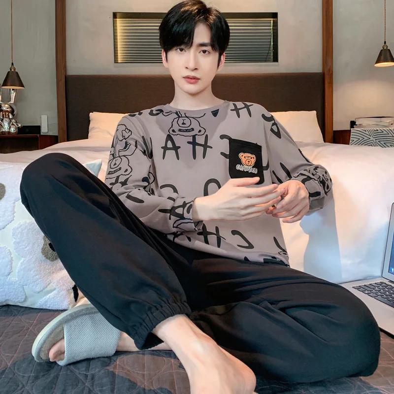 

Пижама мужская большого размера с длинным рукавом, свободная, дышащая, серая, с полосками в виде мультяшного медведя, черная, с круглым вырезом, мягкая, комплект из двух предметов для дома 4XL