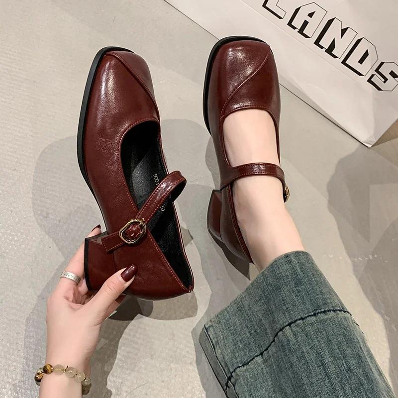 Design Office Lady Pumps Shoes Casual Thick Heel Buckle 2025 Spring Autumn Female Square Toe Mary Jane Shoes