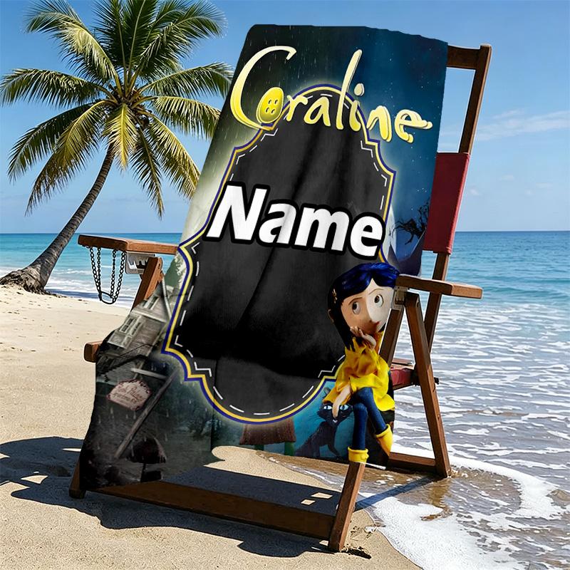 Custom Name Personalized Coraline Print Beach Towel, for Trip Camping Beach Party Home Decor, Birthday Gift for Family & Friends