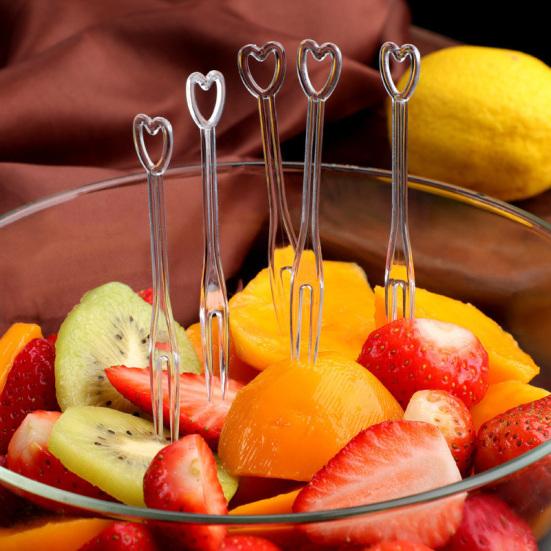 100 Pz/Set Forchetta da Frutta Monouso Multi-uso Plastica Adorabile Manico a Forma di Cuore Forchetta da Dessert per Casa