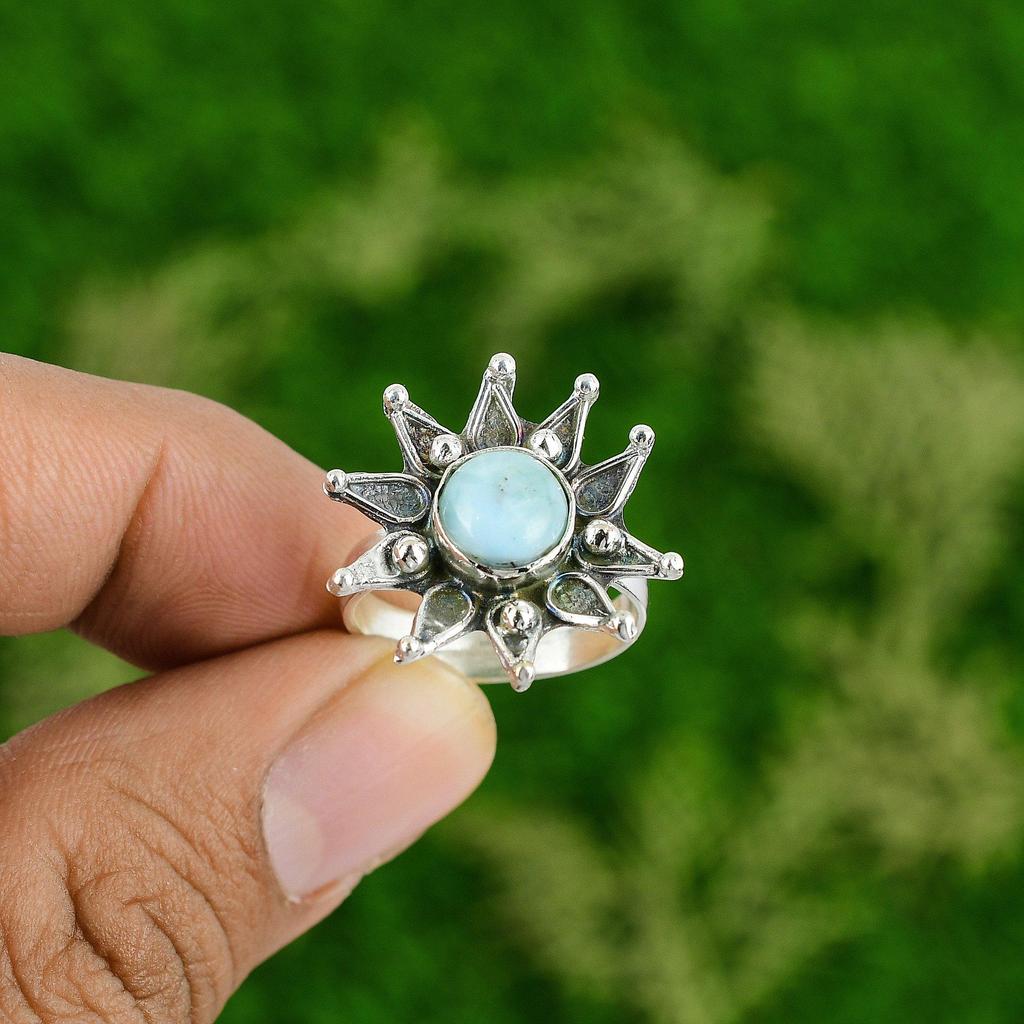 Mothers day Sale 925 Silver Larimar Stone Flower Sister Engagement Promise Ring