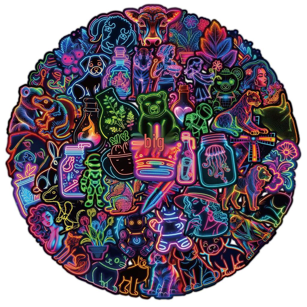 50 Neonových Graffiti Vodotěsných Samolepek pro Zdobení Počítačů, Telefonů, Kelímků na Vodu, Zápisníků a Deníků.